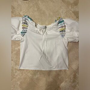 Sea New York Linden Patchwork Quilted Puff Sleeve Cotton Blouse In White Size M